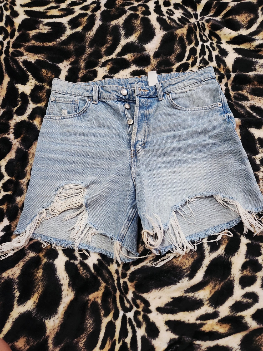 Distressed Light Blue Denim Jean Shorts with Frayed Hem